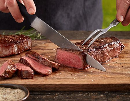 Carved steak.