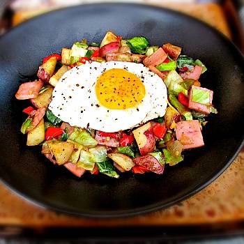 Spiral Ham and Cabbage Hash with Sunshine Egg recipe