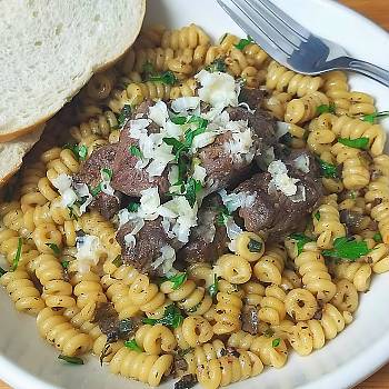 Beef Filet Tips over Black Truffle Butter Pasta recipe