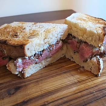 Cabernet-Balsamic Black Mission Fig-Glazed Walnut Toast Ribeye Sandwiches with Creamy Stilton Spread recipe